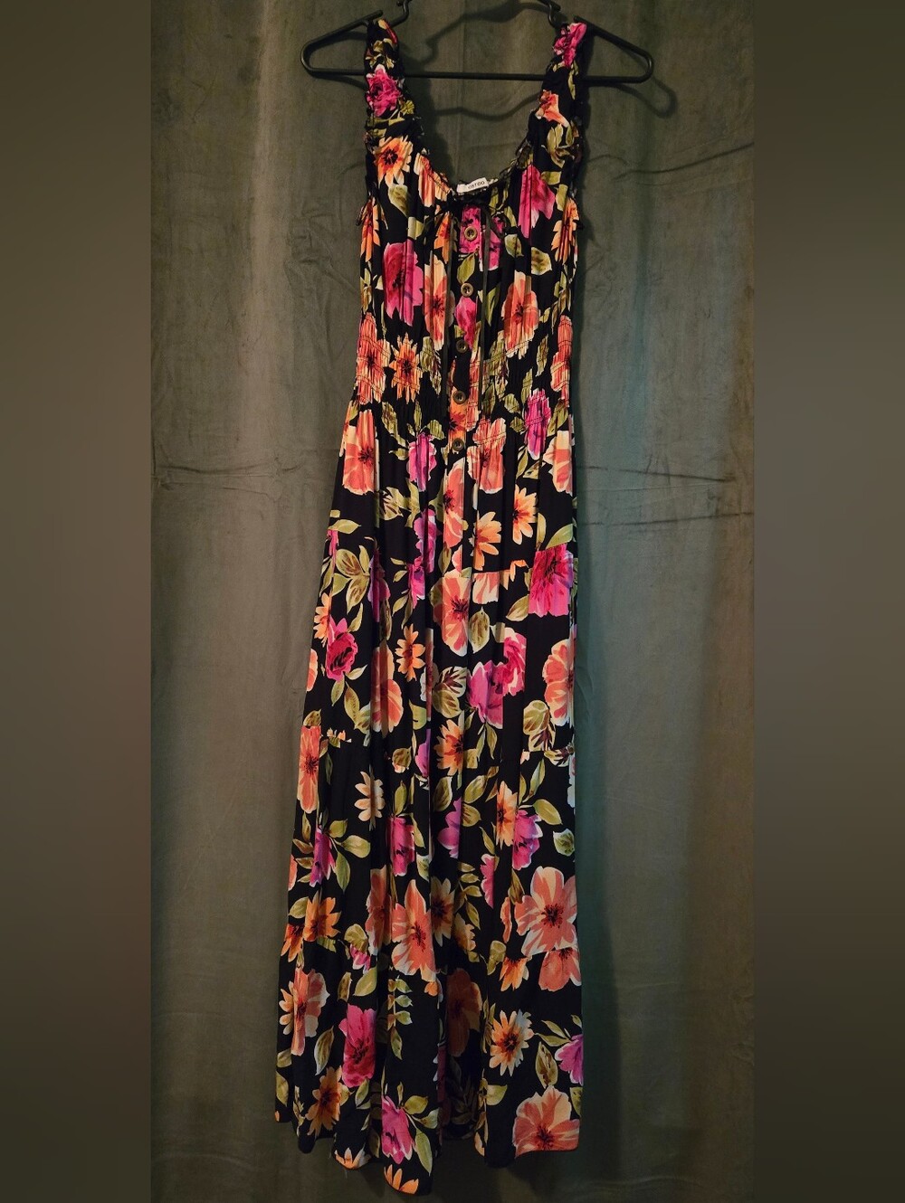 Floral Maxi Dress - Black with Pink & Orange Blooms
